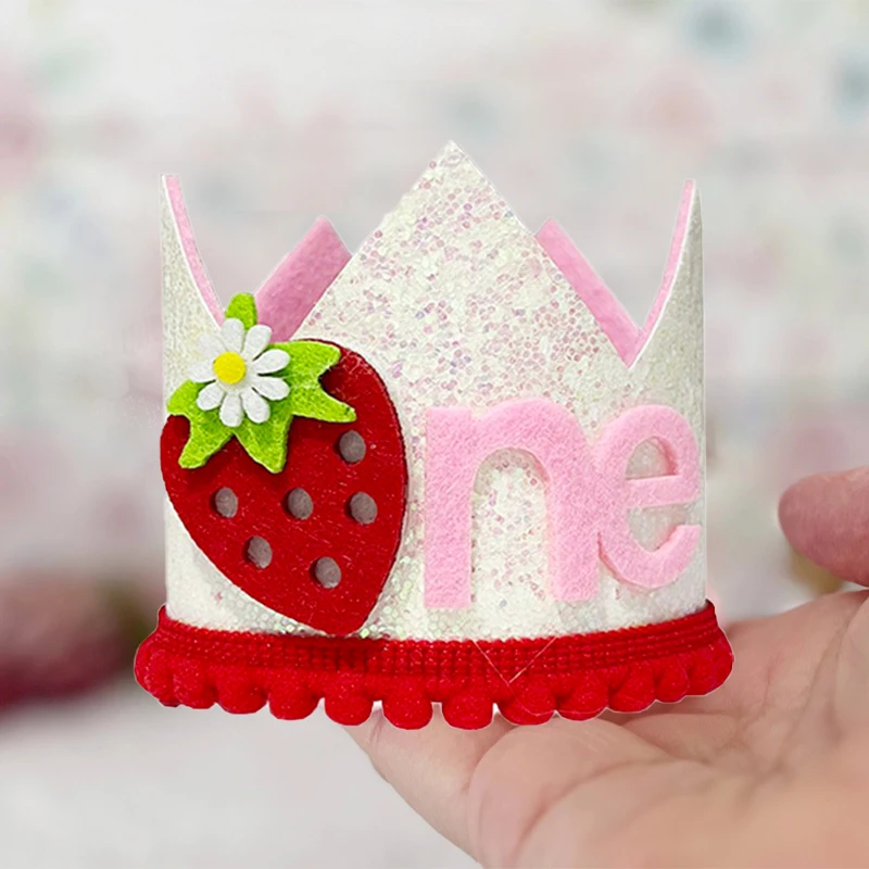 Baby Food Year Old - Pink Strawberry Crown Birthday Hat 1